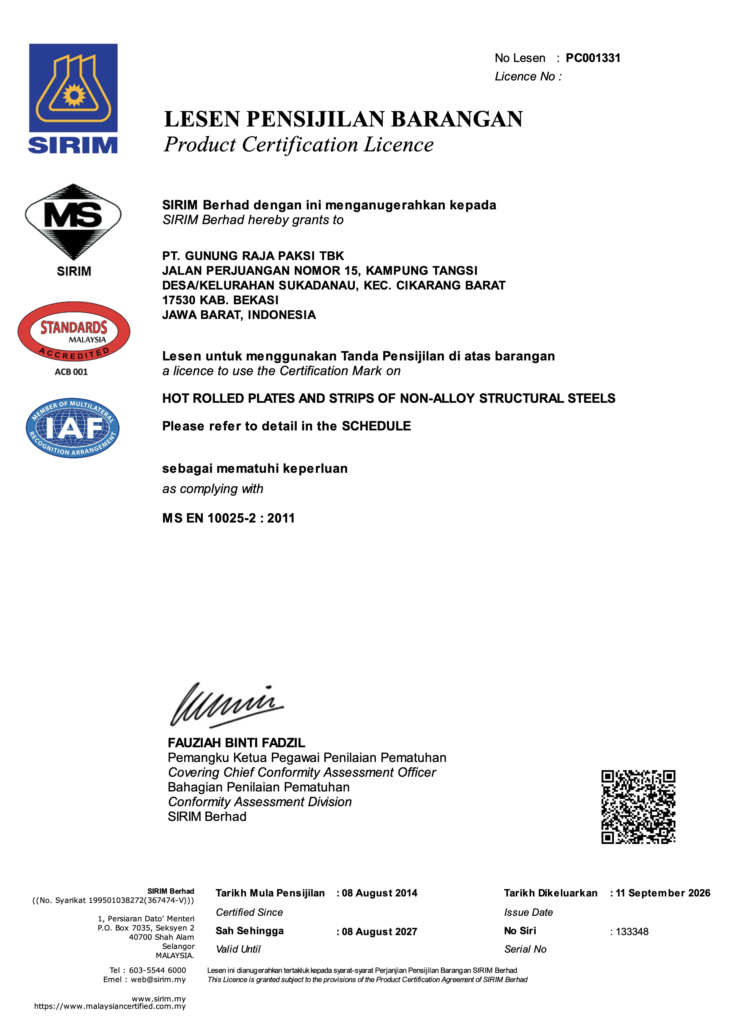 SIRIM Certificate PC001331