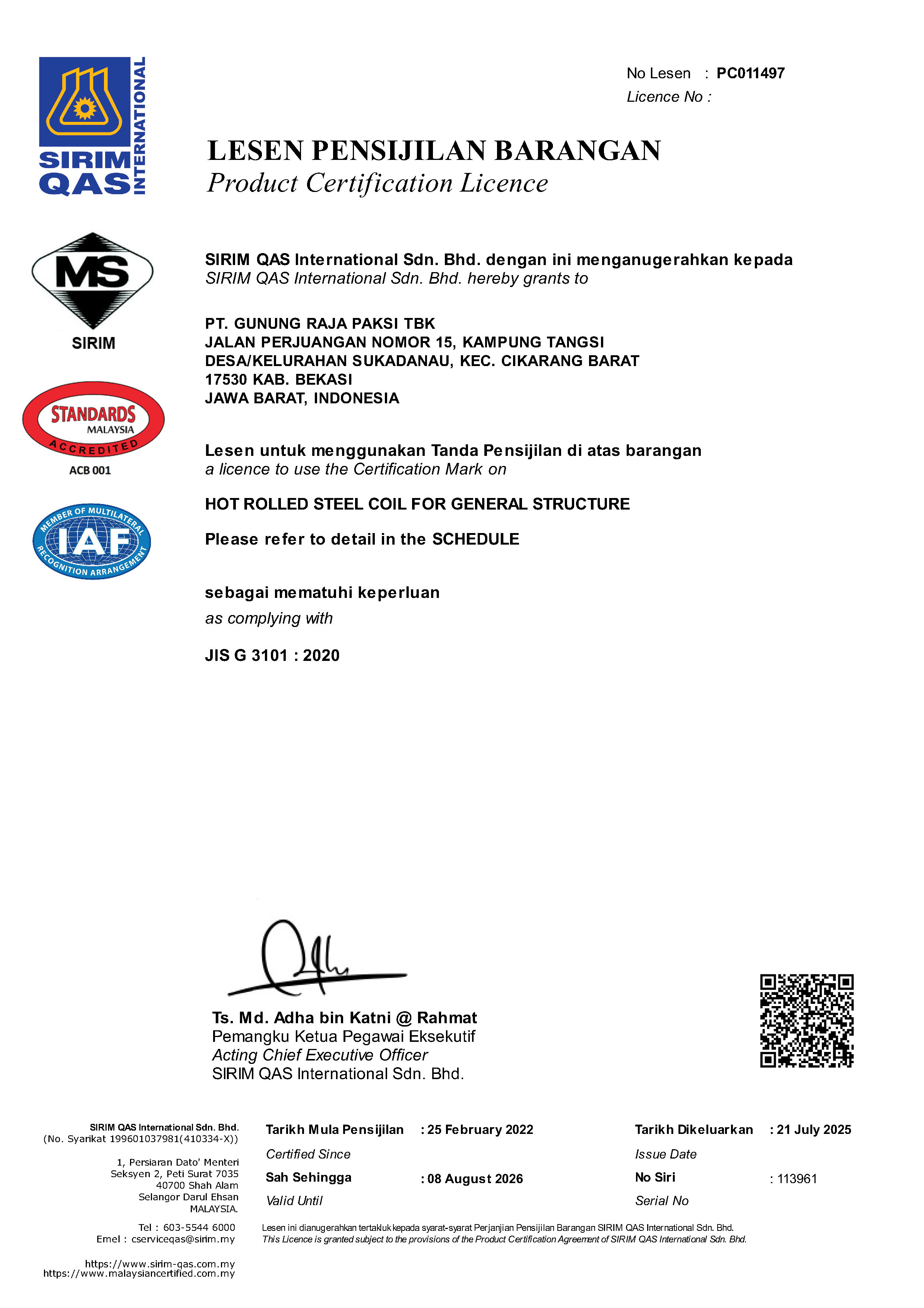 SIRIM Certificate PC011497