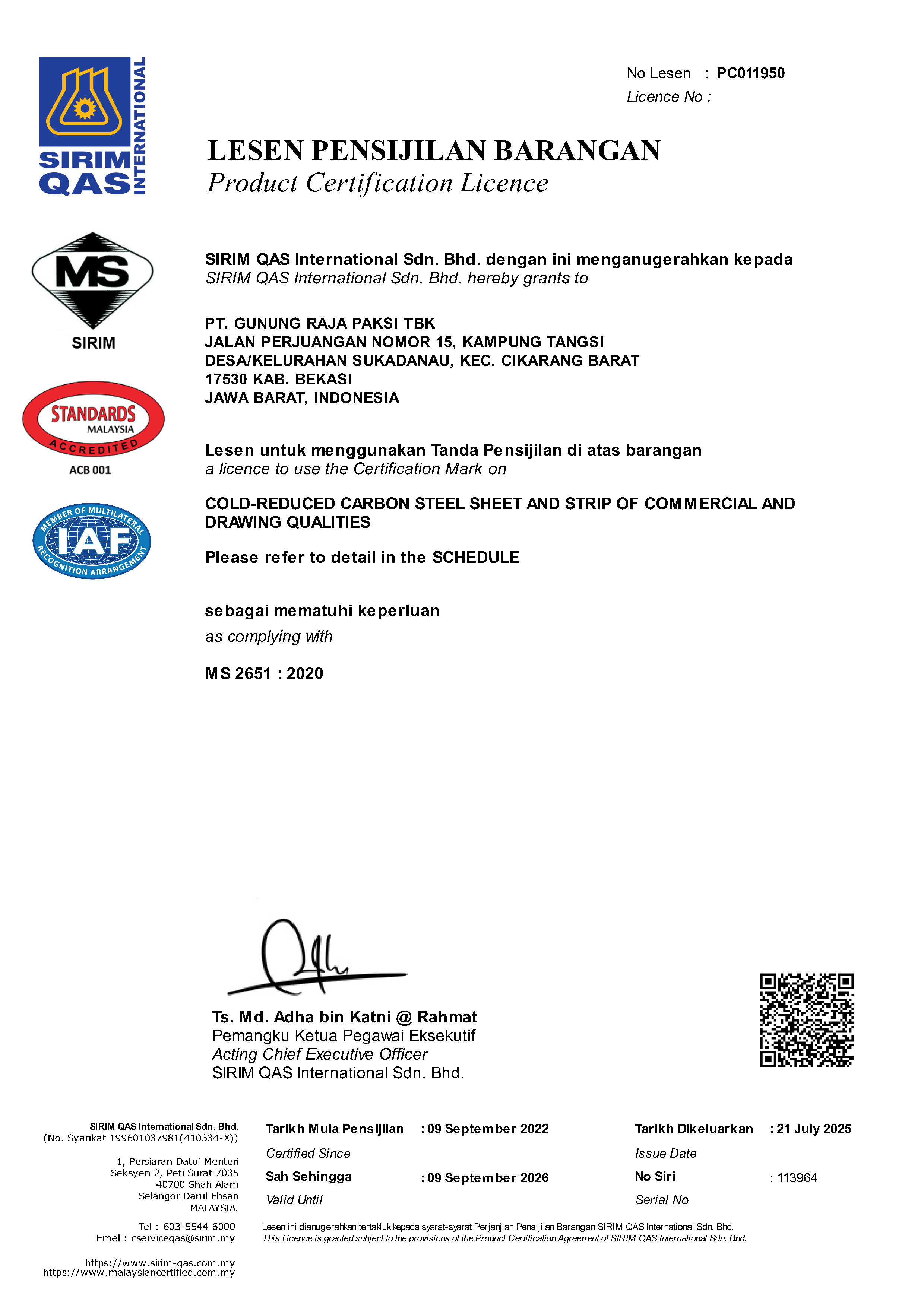 SIRIM Certificate PC011950