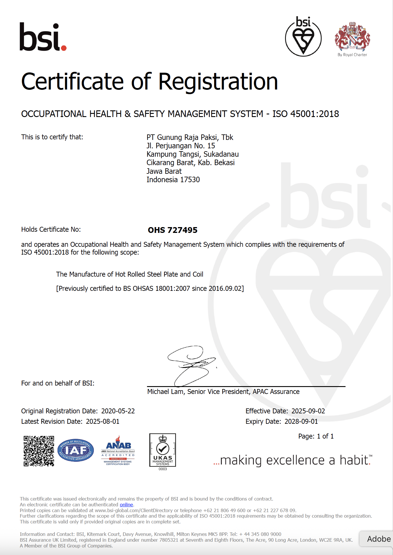 British Standard Institute (BSI) ISO 45001